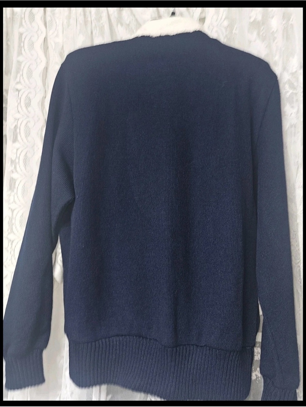 Vintage Nilani Navy Blue Off White Lace Trim knit Cardigan Coquette Sweater M - Picture 4 of 13